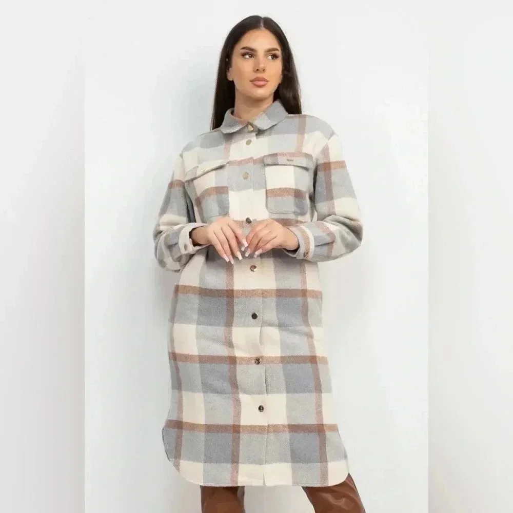Cream & Gravy Plaid Knee Length Shacket Coat - Picture 2 of 4